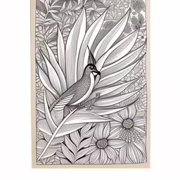 an art print with a bird and flowers,bird on the branch surrounded by plants and flowers
