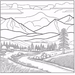 a drawing of a landscape with mountains and trees in the distance,a landscape with mountains and trees drawn by hand in line
