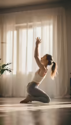 woman practices yoga on the floor of a living room