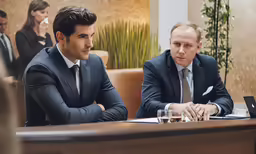 a group of people in suits sitting at a conference table