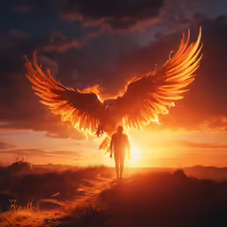 a person standing on a path near an eagle with wings spread out