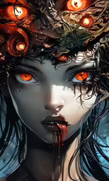 a girl with red eyes and a head full of hair