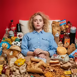 the woman is sitting on the couch among a multitude of junk and food