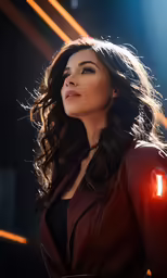 a beautiful woman in a red leather jacket and dark hair