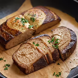 sliced bread on a wooden cutting board with parsley