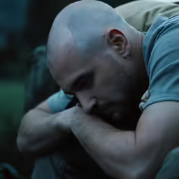 the man in the grey shirt is holding his head to his head