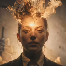 a woman with her hair in the air is shown behind fire