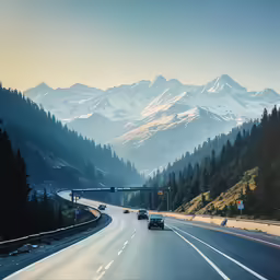 an evening time photo with a highway going into a mountainous area