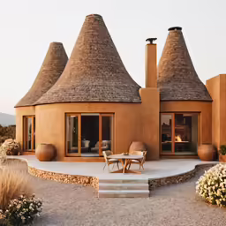 an outside view of a house made of stone and grass