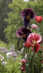 several colorful flowers on a large plant in a field