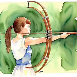 a drawing of a young girl with an archery bow,a watercolor painting of a young girl in an apron, holding a bow, facing to the side with her left shoulder tucked up behind her