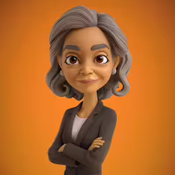 a character designed for a web page with an older woman and orange background,a person with gray hair wearing a suit and smiling