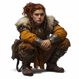 a woman dressed in armor kneeling down on the ground