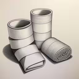 a drawing of rolled up rolls and rolled up sheets,two folded objects on white paper by drawing pencil