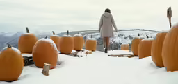 a woman standing between several pumpkins covered in snow