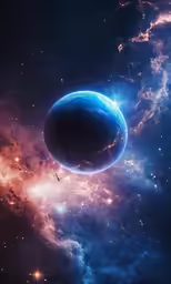 a large blue disk floating in space surrounded by stars