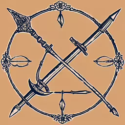 the graphic representation of two crossed swords,a close up of an arrow and bow with two swords