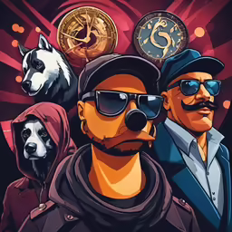 two guys with sunglasses on with a dog and some money