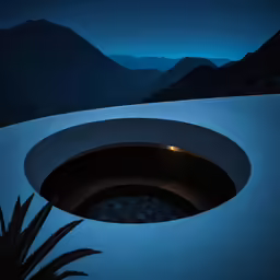 the round pool in front of the mountain ranges