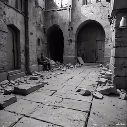 two people are sitting outside in a destroyed building