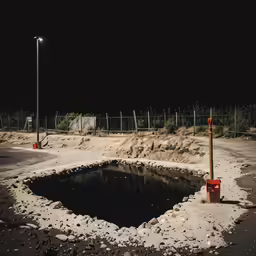 a dark pit sitting on the side of a road