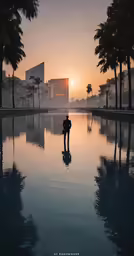 someone standing near the pool at sunset