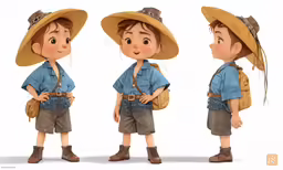the character is wearing various outfits and poses