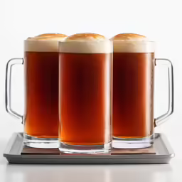 three glasses of beer sit on a coaster