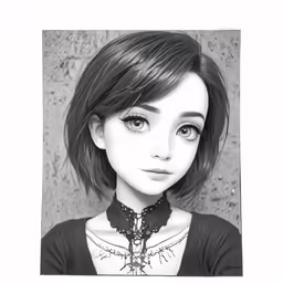 an anime photo with black and white hair and big eyes