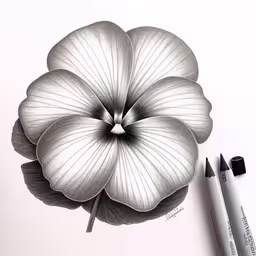 a flower on a white surface and some crayons,the black and white image shows a drawing of a flower