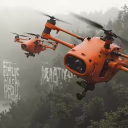 three orange planes flying over some trees and mountains