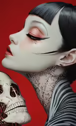 a skeleton makeup has a fake skull on the body