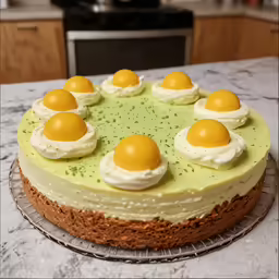 a cake topped with hard boiled eggs in the middle of it