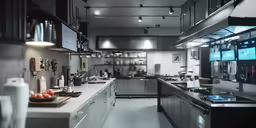 a room filled with appliances and counters next to a window