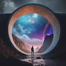 a man is walking in the middle of a tunnel that leads to the mountains