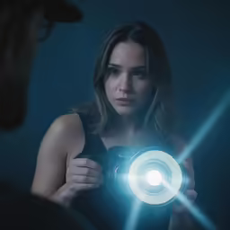 woman holding a camera with light in front of her face