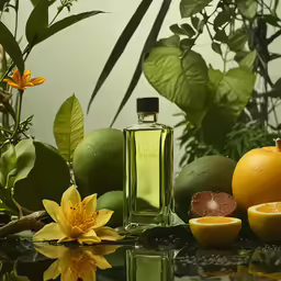 a glass table topped with bottles and oranges
