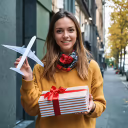 a girl holding up a toy airplane, and wrapped present box