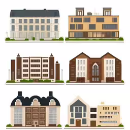 three buildings are on one side of the image and two of them are on the other,a drawing of several different types of buildings