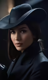 a woman wearing a hat and gloves posing