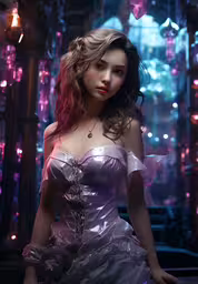 a beautiful young lady posing in a dress with a necklace,there is a beautiful girl wearing a purple dress