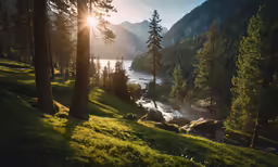 trees near the water with mountains in the distance