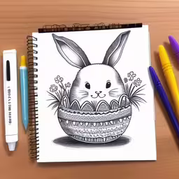 a notebook with a drawing of an easter bunny in a basket,drawing of a rabbit sitting in an easter basket,a drawing of a bunny in a bowl with eggs,notebook with colored markers and a drawing of a bunny in a bowl,an ink drawing with pencils on top of it