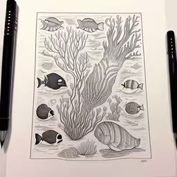 drawing of fish and corals with marker and pencil,this is a drawing that i did of sea animals