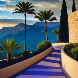 the road is lined with palm trees and stone walls