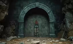a woman stands in a cavern with her back to the camera