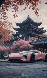 this beautiful pink car is parked near an oriental building