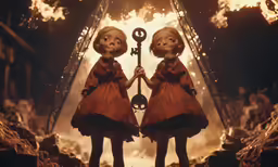 two little girls stand against an open gate