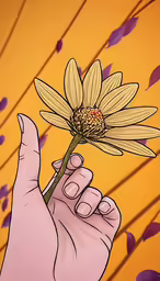 a cartoon image with yellow background showing the thumb down and a flower