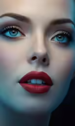 the face of a woman with red lipstick on her lips